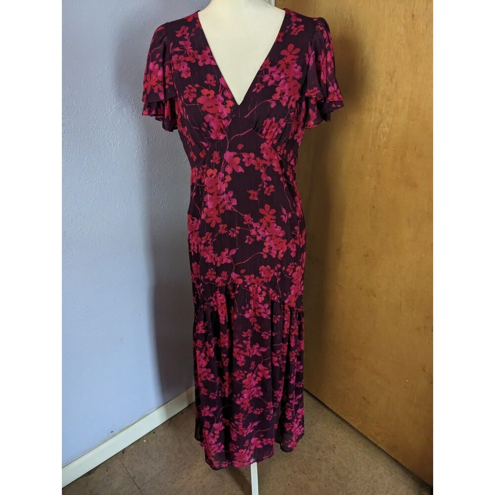 Tommy Hilfiger Woman's Pink Black Floral Print V-Neck Flutter-Sleeve Dress Sz 6